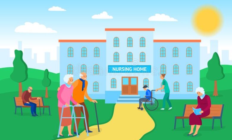 cartoon color nursing home building concept vector characters people flat design style symbol elderly care illustration 193116735